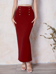 Double Breasted Split Back Skirt, Elegant Solid Bodycon Maxi Skirt, Women's Clothing