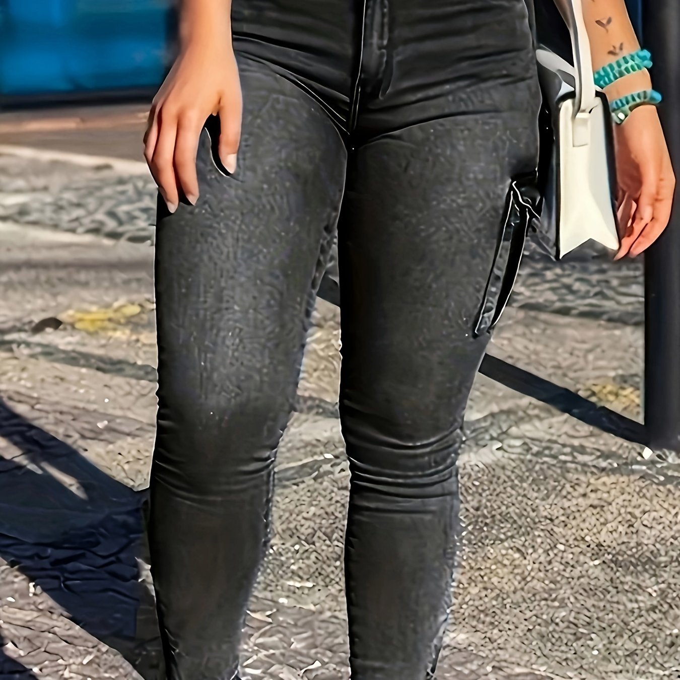 All-Season Stretch Skinny Jeans with Zipper Hem & Multi-Pockets | Casual Machine-Washable Cotton Blend Denim