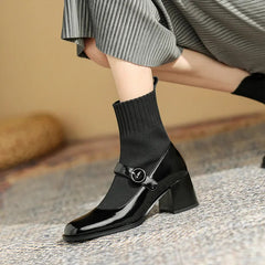 Ingvn  Autumn Winter Women Knit Sock Boots Fashion Slip On Square Heels Shoes Vintage Ladies Stretch Short Booties