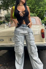 Ingvn - Casual Solid Patchwork High Waist Regular Denim Jeans