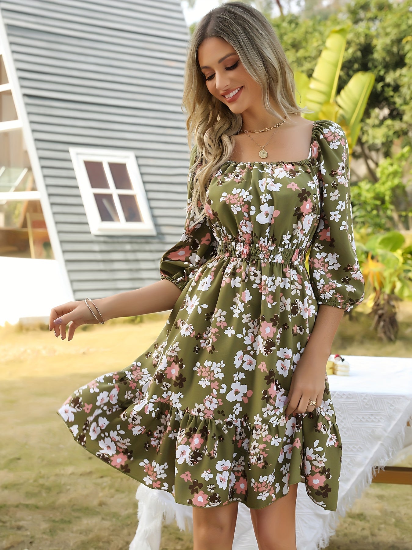 Womens Flora Dress 3/4 Sleeve Puff Sleeve A Line Midi Dress With Ruffle Hem Square Neck Dress For Wedding Guest