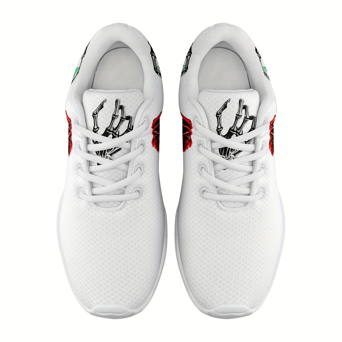 Womens Lightweight Breathable Mesh Sneakers - Cushioning Support, Anti-Slip Shock-Absorbing, Random Printing Skeleton & Rose Decor, Durable Low-Top Lace-up Athletic Shoes for All-Season Wear