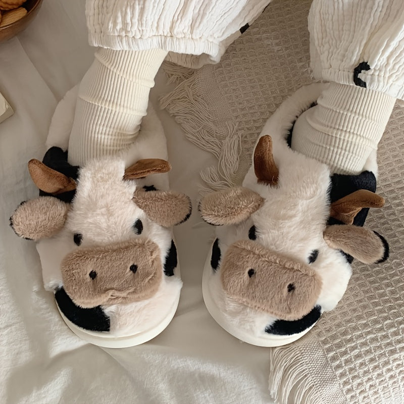 Womens Cartoon Cow Slippers - Plush Warm Lining, Closed Toe Fuzzy Slides, Ultimate Indoor Comfort for Cozy Days