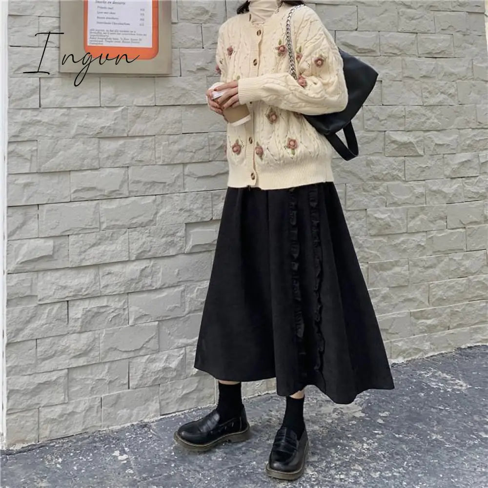 Ingvn - Spring/Autumn Women Skirts High Waist Student Korean Style Dark Vintage Ruffle Long A-line Skirts Women Fashion