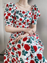 Ingvn - 2023 Trends Dress Rose Print Square Neck Long Dress Summer Mid Length Sweet elegant casual