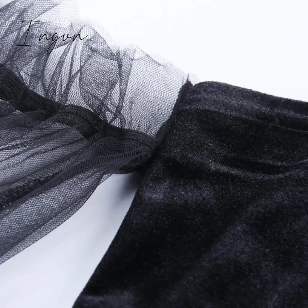 Ingvn - Gothic Sexy Dress Vintage Off Shoulder Lantern Sleeve Mesh Patchwork Velvet Mini Dress Dark Street Black Dress for Female