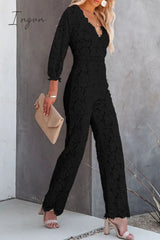 Ingvn - Embroidery Lace V Neck Regular Jumpsuits
