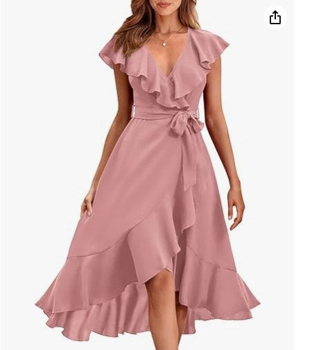 new V-neck short sleeve ruffled long temperament lace-up dress