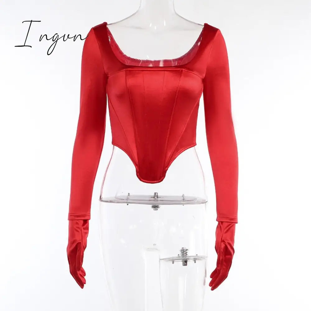 Ingvn - Satin Long Sleeve With Gloves T-shirt Women Autumn New Backless Skinny Corset Tops Ladies Sexy Club Party Tee Shirts