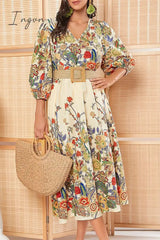 Ingvn - Elegant College Floral With Belt V Neck A Line Dresses(3 Colors)