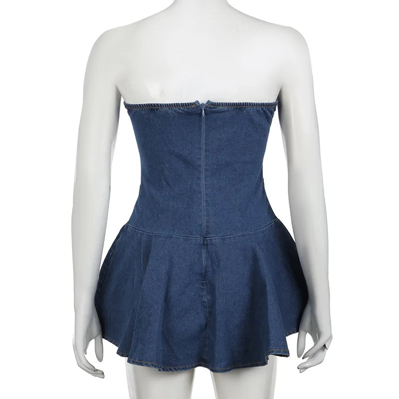 Chest Wrap Sexy Dress Women Sleeveless Backless Split Splicing Tight Denim Mini Dress Thin Sexy Y2K A-word Denim Dress