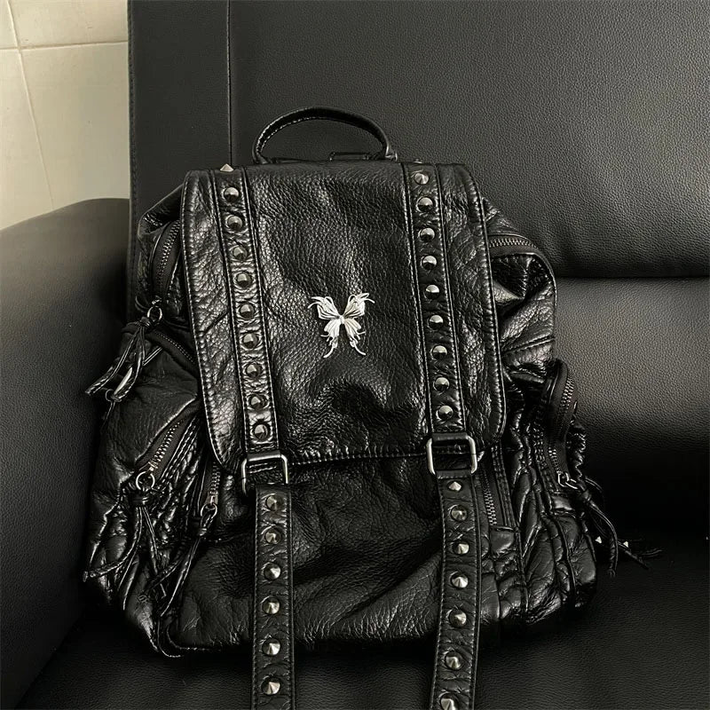 Ingvn  Y2k Black Womens Backpack Vintage Fashion Gothic Soft Pu Leather School Backpack Large Capacity Men Casual Original Bag Sac