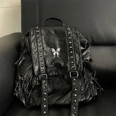 Ingvn  Y2k Black Womens Backpack Vintage Fashion Gothic Soft Pu Leather School Backpack Large Capacity Men Casual Original Bag Sac