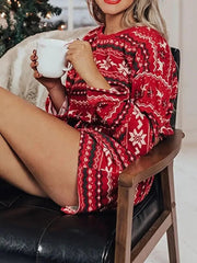 Ingvn - Women's Loungewear Sets Stripe Snowflake Casual Comfort Home Christmas Daily Polyester Breathable Crew Neck Long Sleeve Shorts Spring Fall Wine Red