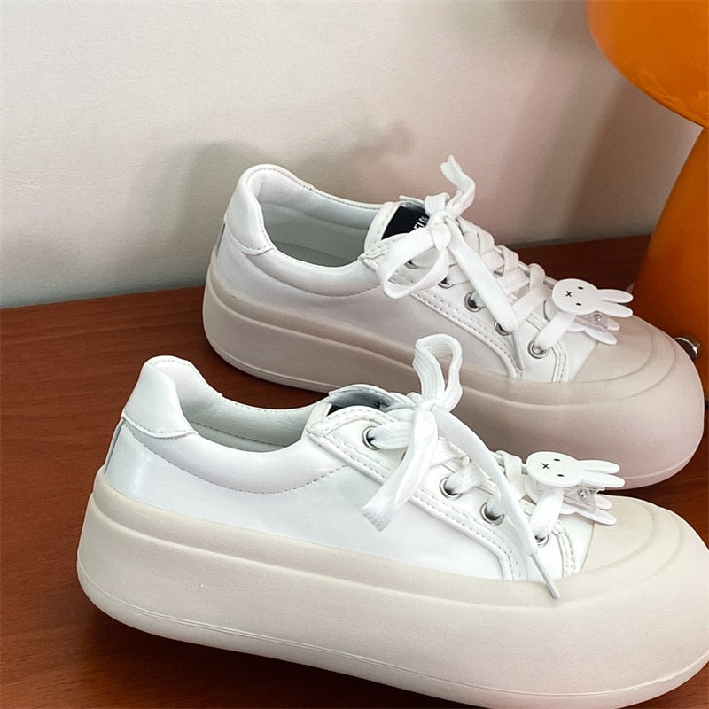 Pphmm Women's Sneakers Thick Sole Shoes Tennis Lace Up Flats Shoes Woman Spring Autumn Chunky Female Sneakers Casual Sports Shoes INS
