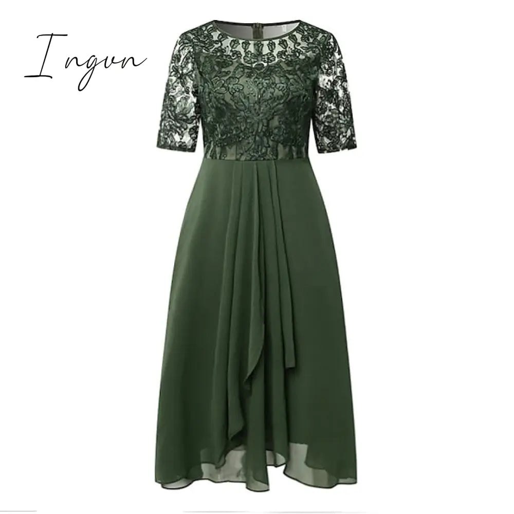 Ingvn - Women‘s Cocktail Party Dress Lace Dress Midi Dress Green Blue Purple Half Sleeve Floral Embroidery Lace Summer Spring Crew Neck Elegant Classic Wedding Guest 2023 S M L XL XXL 3XL
