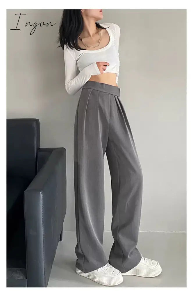 Ingvn - Brown Wide Leg Women's Classic Suit Pants Vintage Palazzo Office Elegant Casual Balck Trousers Female High Wasit Pants