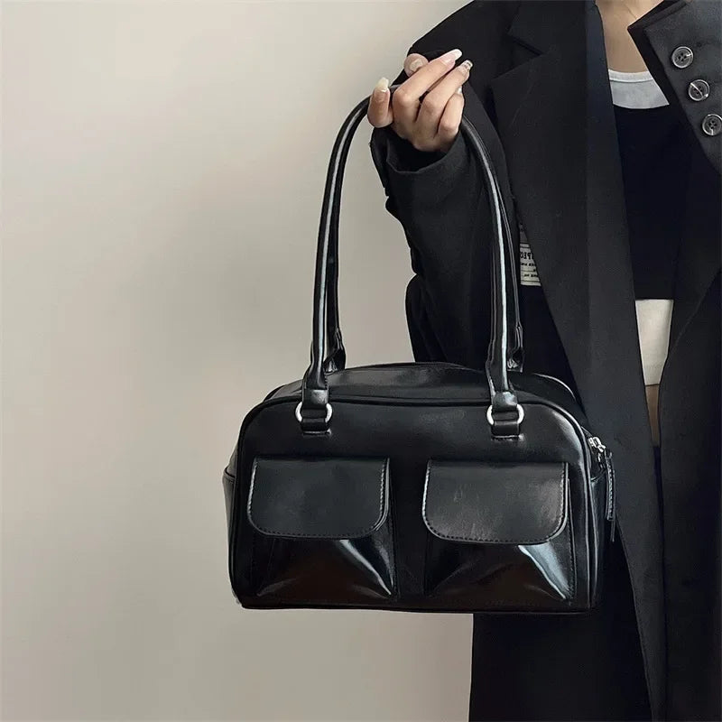 INGVN  Vintage Women Business Shoulder Bags Simple Ladies Commute Tote Bag Pu Leather Female Underarm Bag Burgundy Large Handbags Purse