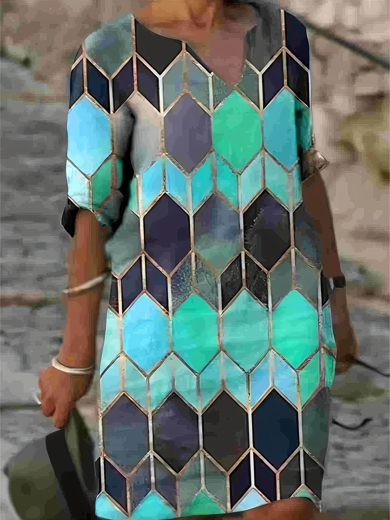 Multicolor Printed V-Neck Flowy Dress - Loose Fit & Crop Sleeves for Spring/Fall - Mature Style, Waist Emphasizing, Perfect Womens Wardrobe Staple