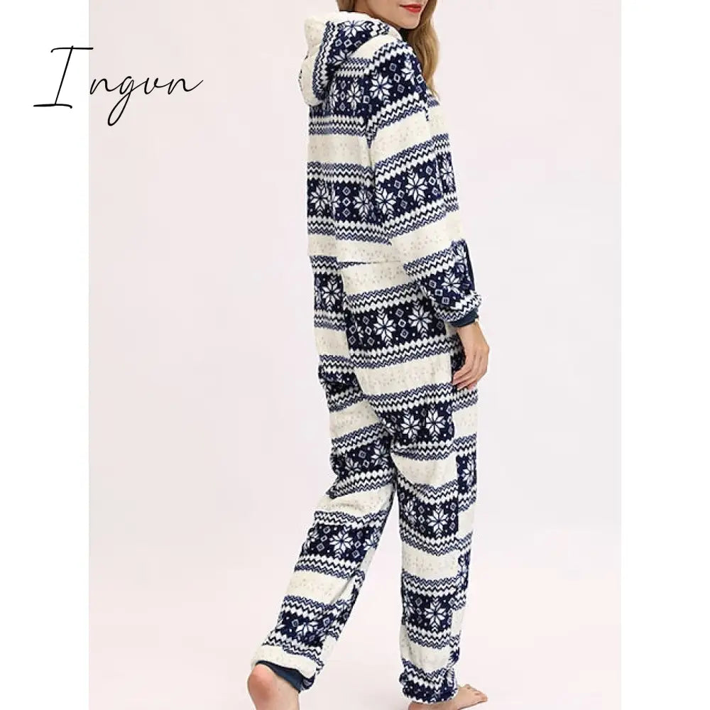 Ingvn - Women's Pajamas Jumpsuit Elk Snowflake Warm Fashion Casual Home Christmas Daily Polyester Breathable Hoodie Long Sleeve Pocket Fall Winter Black White