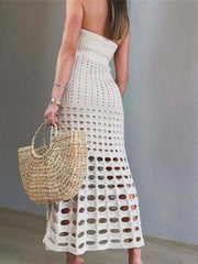 Strapless Off-shoulder Hollow Out Knit Maxi Dress For Women Gown Fashion Sleeveless Backless Beach Skinny Long Dress