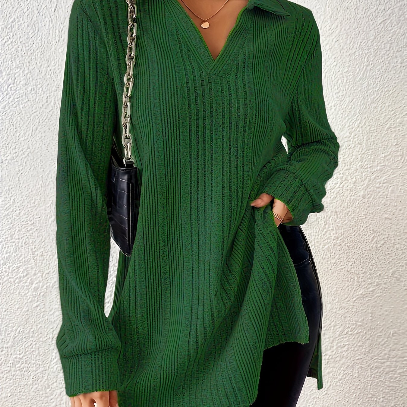 1pc Elegant Solid Color Ribbed Knit V-Neck T-Shirt, Long Sleeve Polyester Top for Women, Spring/Fall Casual Wear