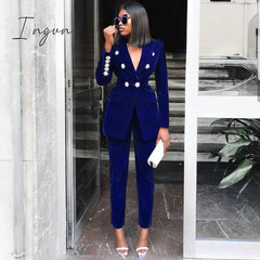 Ingvn - Summer Sets for Women New Navy Blue V Neck Long Sleeve Sexy 2 Piece Set Outfits High Quality Two Piece Set Suit