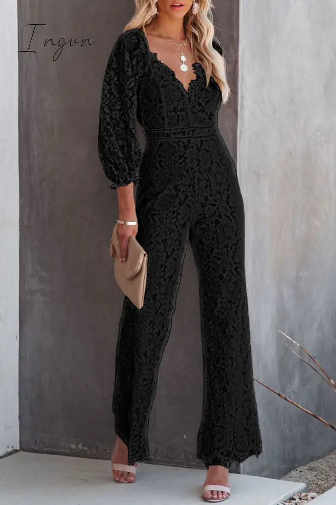 Ingvn - Embroidery Lace V Neck Regular Jumpsuits