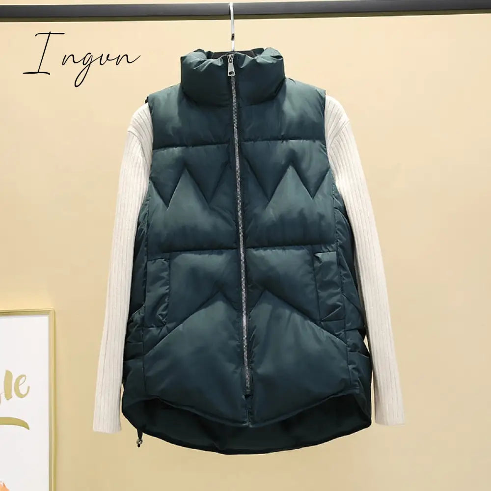 Ingvn - Autumn Winter Down Cotton Soild Women's Vest Short Style New Slim Fashion Stand-up Collar White Jacket Sleeveless Vest