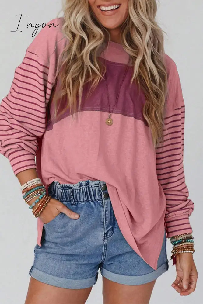 Ingvn - Casual Color Block Contrast O Neck Tops