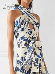 Ingvn - Elegant Women's Printed Vestidos Sleeveless Neck-mounted Female Formal Wear Aesthetic Layered Ruffled Hem Evening Party Dresses