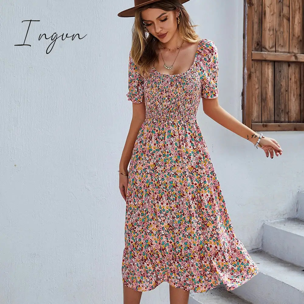 Ingvn - Ladies Sexy Vintage Floral Print Boho Summer Dress Women Casual Elastic Bohemian Beach Dress Women Sundress Robe Vestidos Female