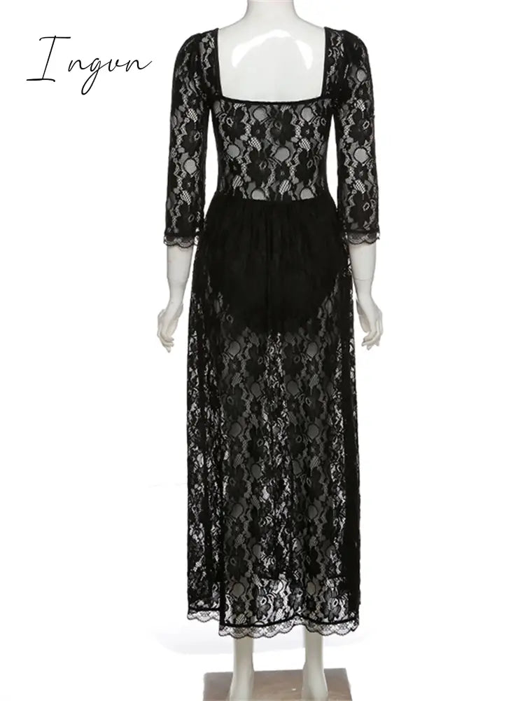 Ingvn - Hot Sale Boho Korean New Mature Woman Sexy Square Collar Lace Mesh Transparent High Waist Split Goddess Full Sleeve Long Dress Dresses 8P