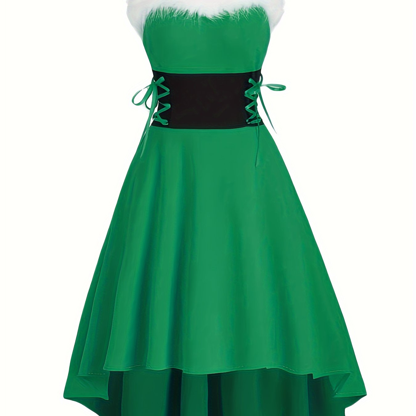 Vintage-Inspired Faux Fur Aline Swing Tank Dress - Contrast Trim, Asymmetrical Hem, Cross Tie Detail, Christmas Party Dress - Women's Clothing, Holiday Season Fashion