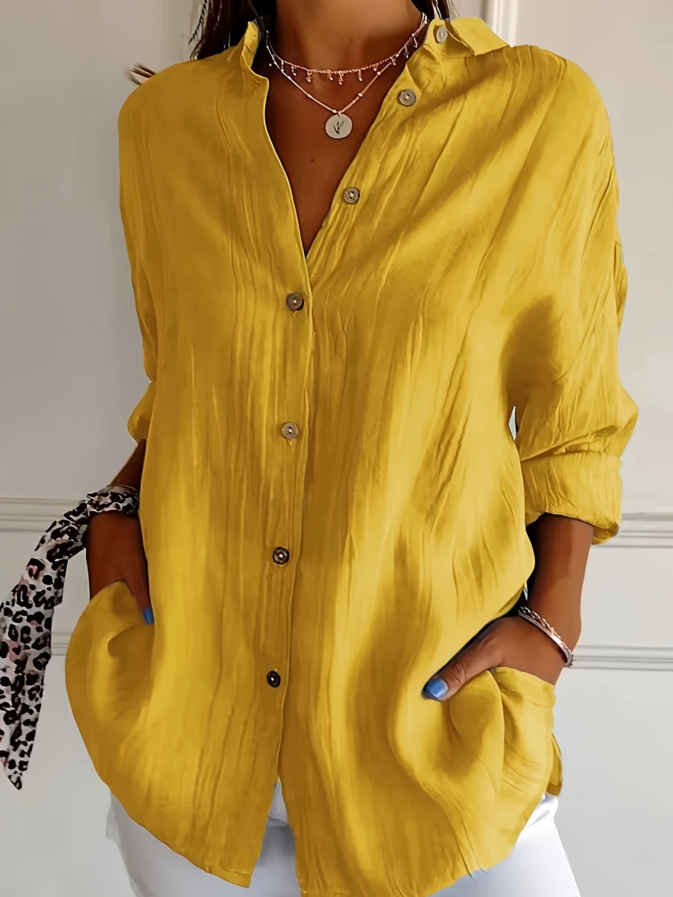 Women's Casual Solid Color Button Up Shirt - Long Sleeve, Loose Collared, Perfect for Spring and Fall, Relaxed Fit, Easy to Wear, Versatile and Timeless