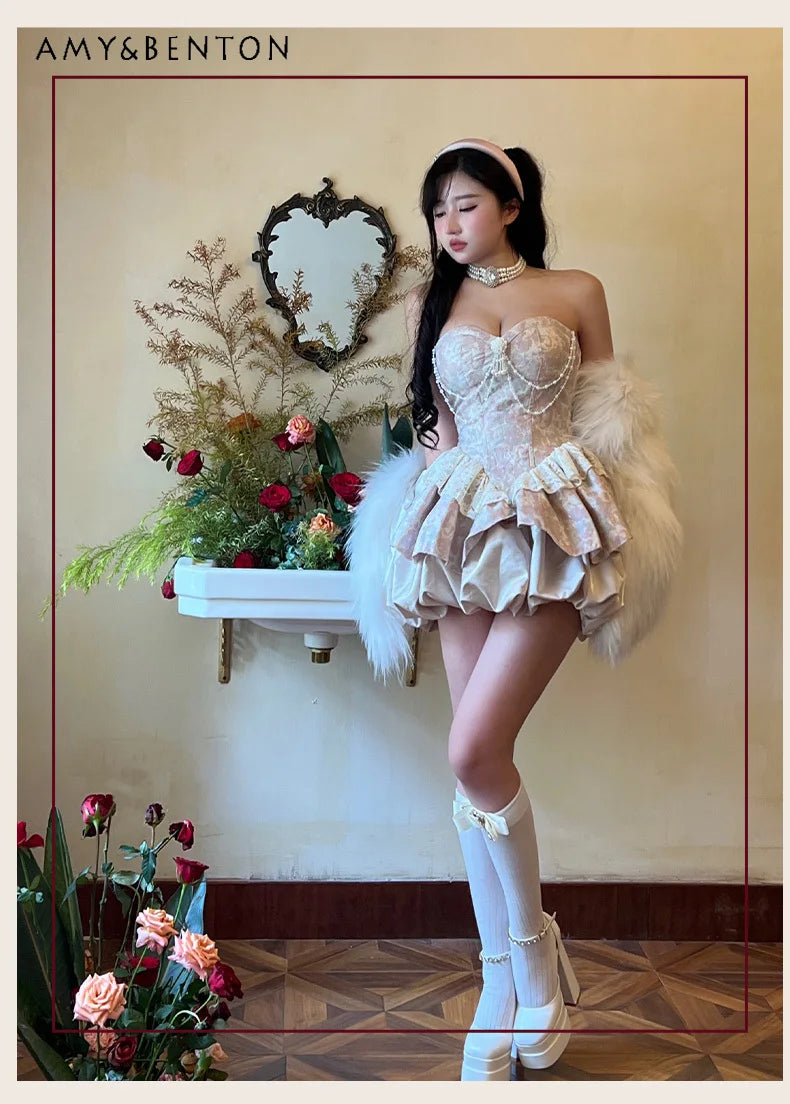 Sweet Elegance Retro Jacquard Strapless Dress for Women Lolita Dresses Cute Pearl Pendant Slim Fit Patchwork Sexy Mini Dress