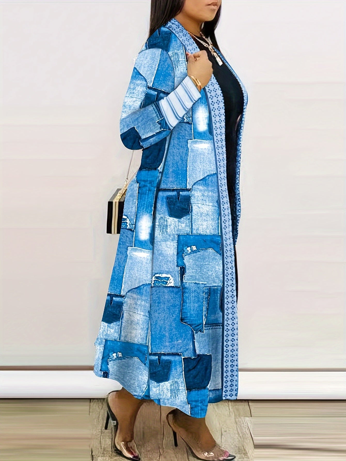 Long Sleeve Colorblock Geometric Print Casual Open Front Cardigan, Women's Clothing