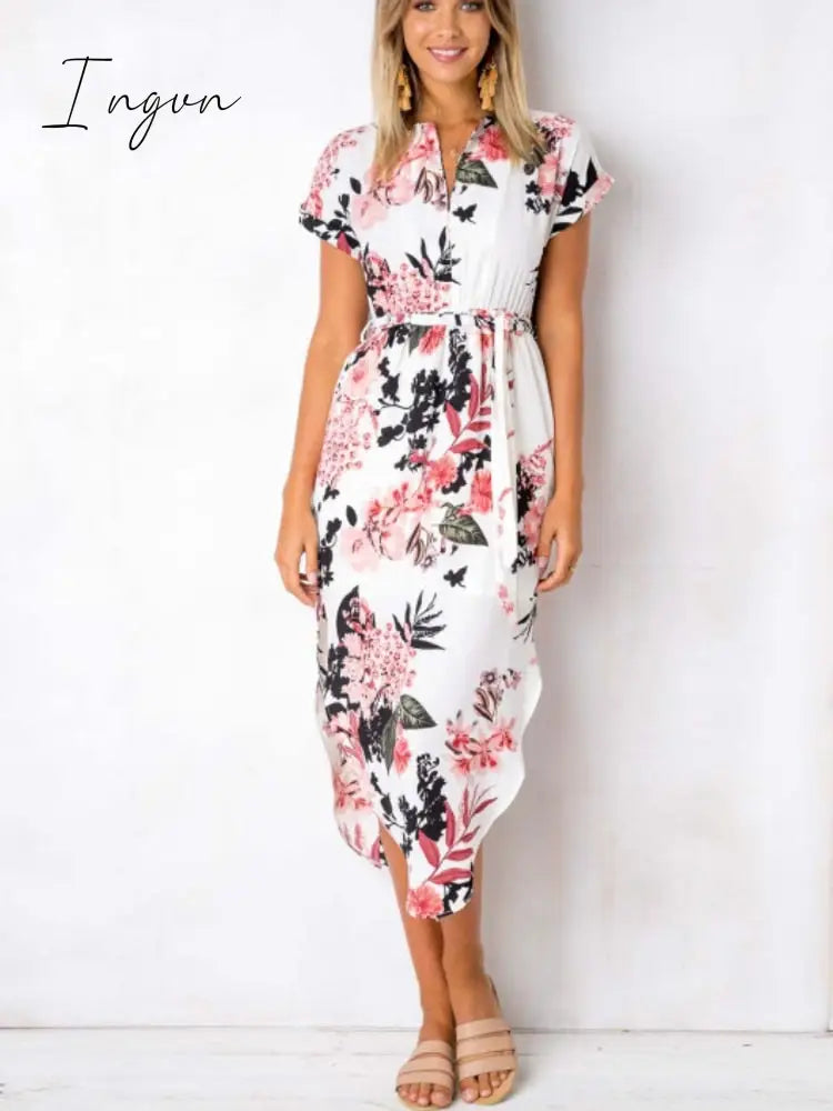 Ingvn - 2023 Summer Beach Maxi Dress Women Floral Print Boho midi Dress Ruffles Wrap Casual V-Neck Split Sexy Party Dress Robe