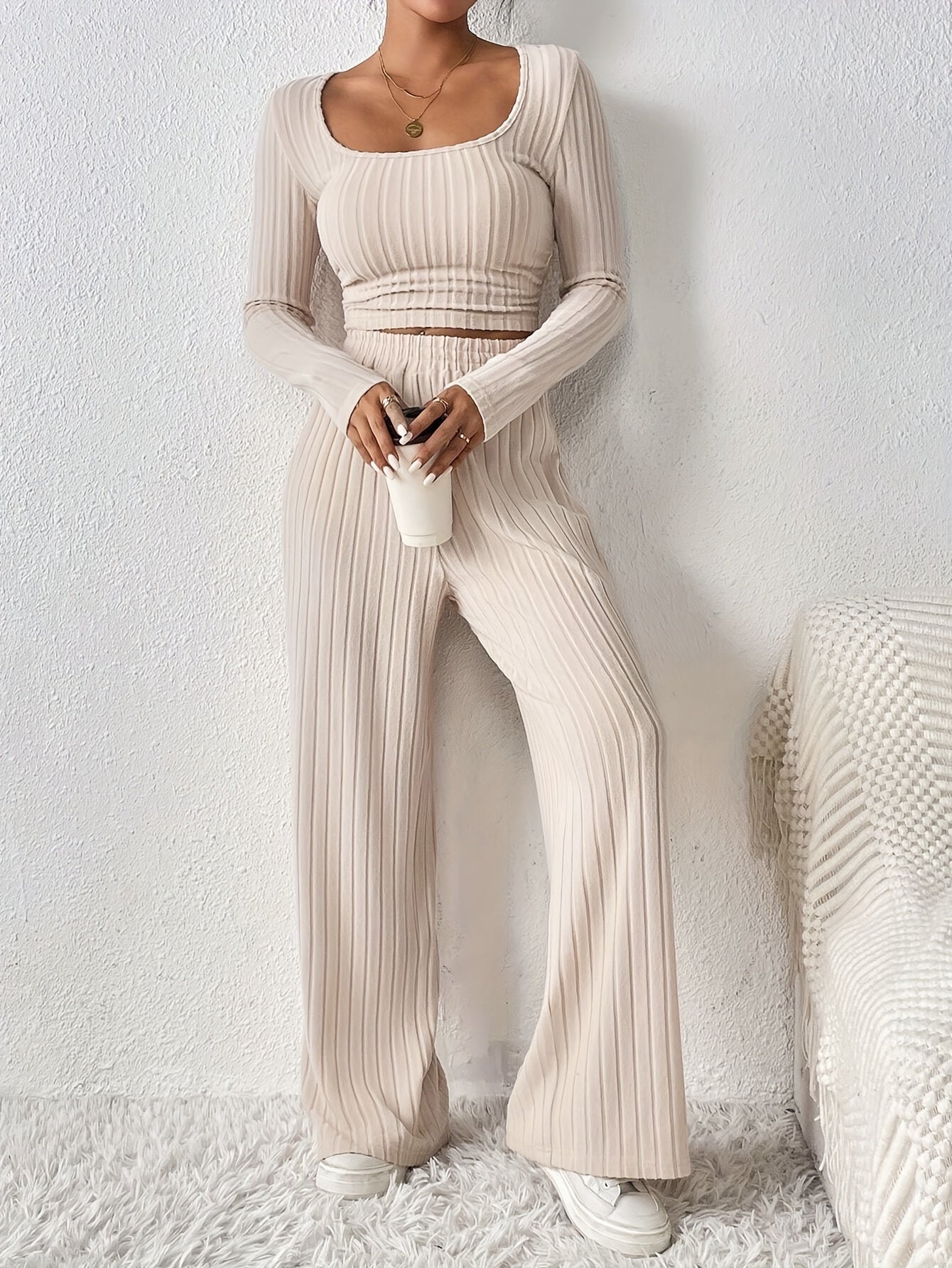 Women'S Fashion Set, Long Sleeve Round Neck Crop Top with Wide Leg Pants, Solid Color, Polyester Knit, Autumn/Winter Collection