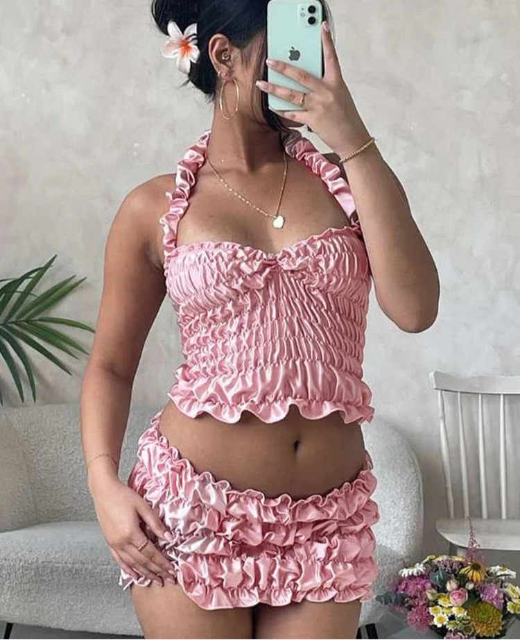 Solid Women 2Piece Set Sexy Summer Elastic Halter Backless Slim Crop Tanks+Matching Ruched Ruffle Skirts Clubwear