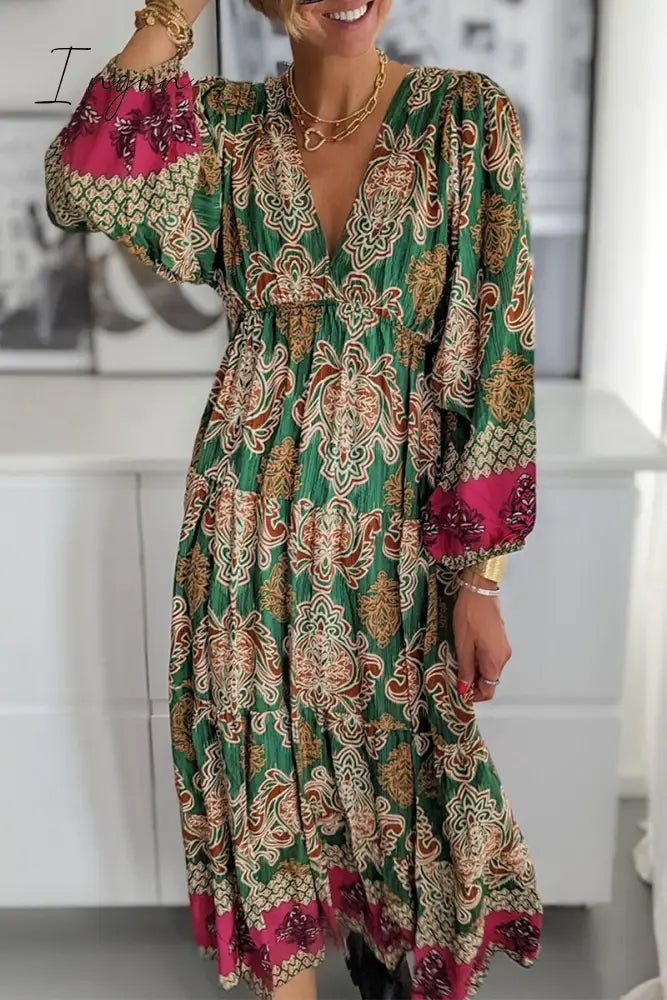 Ingvn - Casual Bohemian Floral Fold V Neck Printed Dresses(4 Colors)