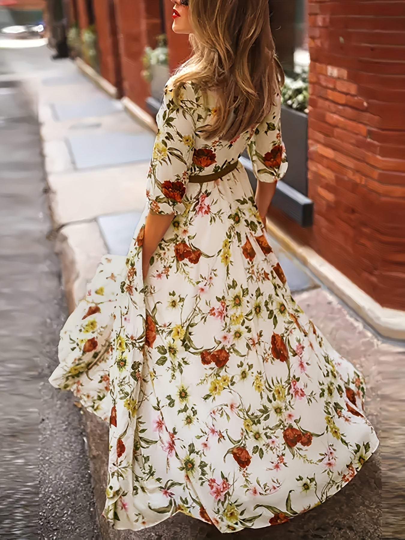 Charming Floral Print A-line Dress - Stylish & Elegant Crew Neck Design with Half Sleeves - Perfect for Spring & Summer - Comfortable Womens Clothing for Versatile Wear