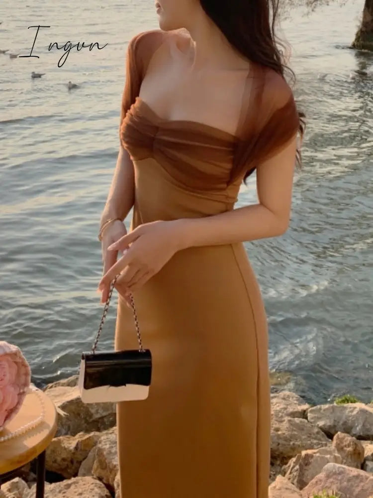 Ingvn - New Years Eve Dresses For Women Spring Summer Sexy Halter Mesh Patchwork Midi Dress Elegant Bodycon Slim Party Vestidos Female Fashion Vintage Clothes