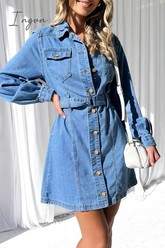 Ingvn - Casual Solid Pocket Buckle With Belt Turndown Collar Long Sleeve Straight Denim Dresses