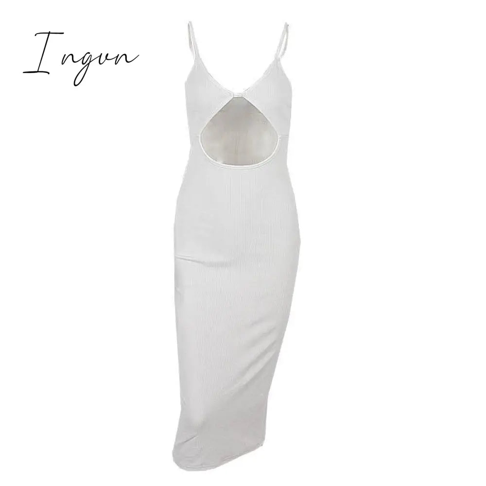 Ingvn - Spring Outfits 2023 Trends Summer Y2K Knit Spaghetti Strap Hollow Out Midi Dress Women Sexy V Neck Backless Sleeveless Bodycon Dresses Beach