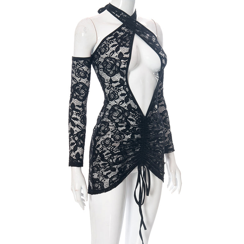 Voguable Lace Up Drawstring Ruched Women Halter Lace Mini Dress  Hollow Out Backless Bodycon Sexy Streetwear See Through