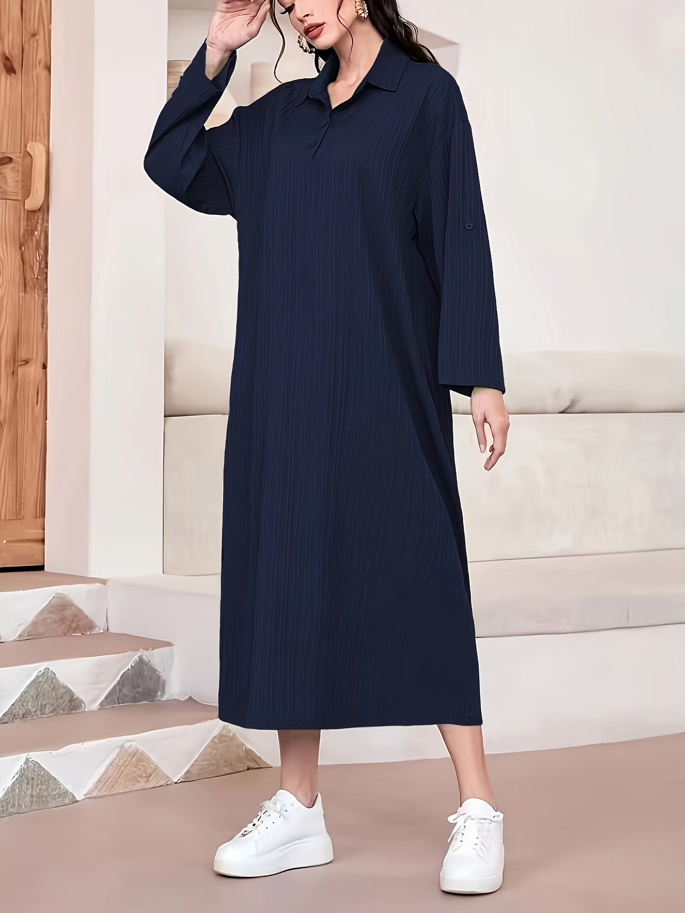 Elegant Women's Solid Textured Half Button Collared Midi Dress with Adjustable Long Sleeves for Spring & Fall