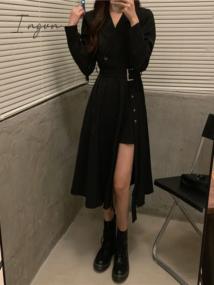 Ingvn - Long Sleeve Dresses Women Bandage Punk Streetwear Hipster Vestidos Mujer Elegant Popular Side Slit A-Line Charm Vintage Ulzzang