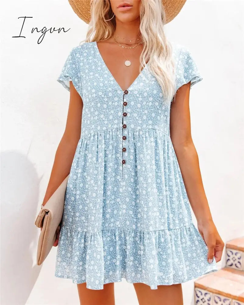 Ingvn - Spring summer v-neck floral short-sleeved dress