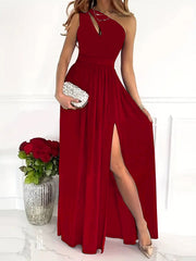 Solid One Shoulder Split Aline Dress, Elegant Ruffle Hem Sleeveless Asymmetrical Dress For Club & Party, Women's Clothing